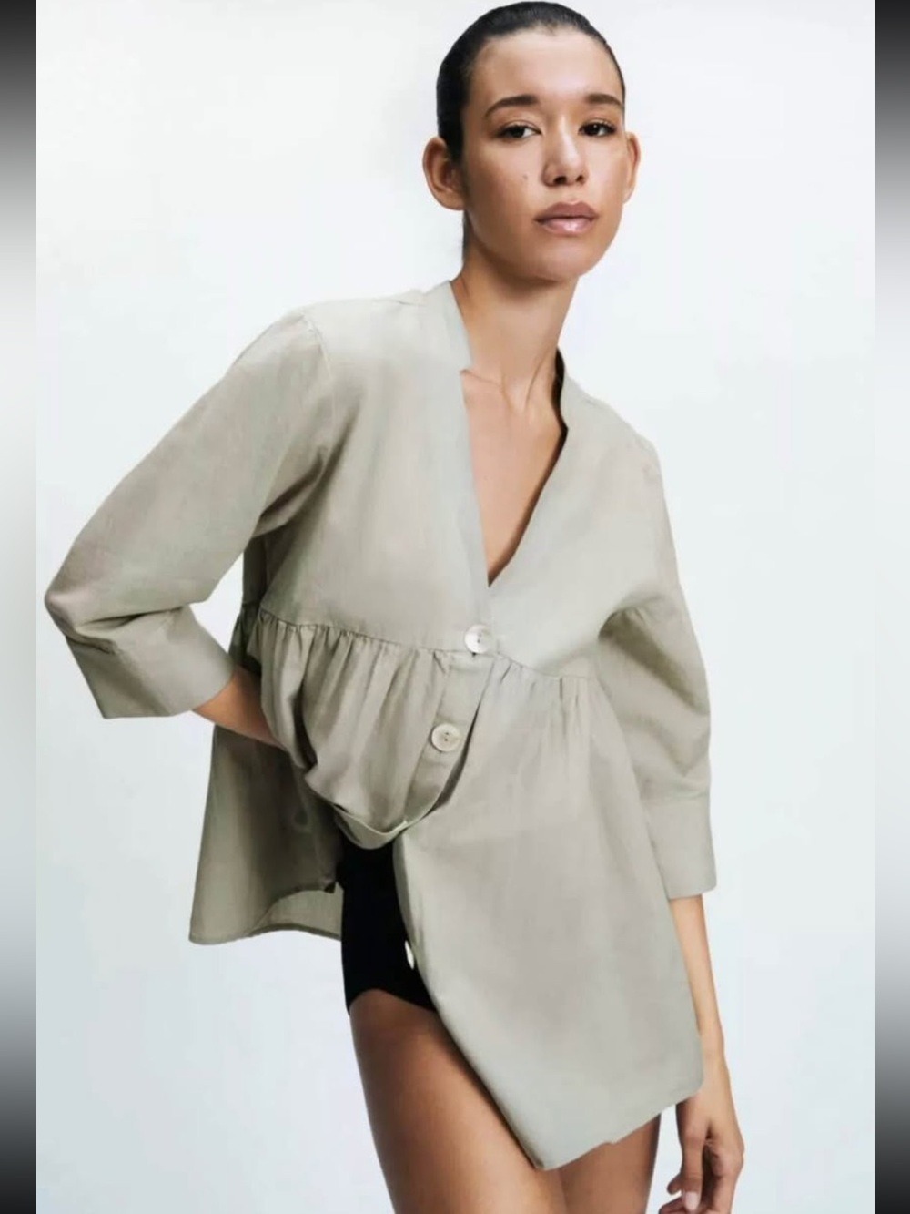 Zara Cotton/Linen Blend Button Front Blouse Top XS Green
